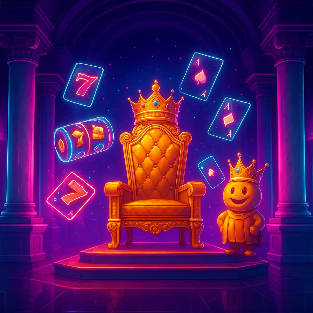 Royal neon casino hall with glowing slot reels and a crowned mascot