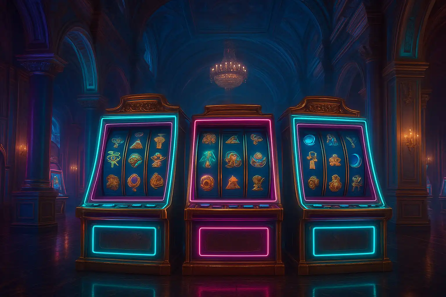 Neon-lit slot reels spinning inside a royal palace arcade